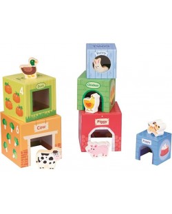 Dječji set Lelin Toys - Kartonske kocke s drvenim životinjama