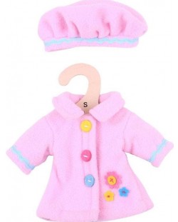Odjeća za lutke Bigjigs - Ružičasti kaput sa šeširom, 25 cm