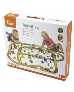 Set za igru Viga - Drveni vlak s tračnicama, 90 dijelova