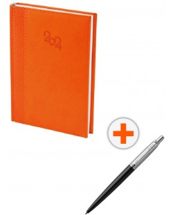 Set kalendar-dnevnik Spree - Narančasti, s olovkom Parker Royal Jotter Originals, crna
