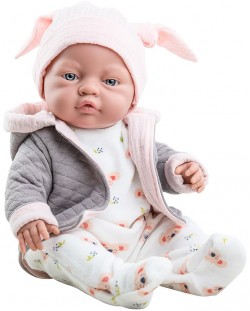 Lutka-beba Paola Reina Los Bebitos - Bebita, sa sivom trenirkom s kapuljačom i kapom s ušima, 45 cm