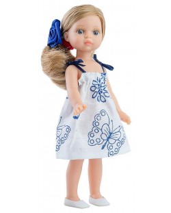 Lutka Paola Reina Mini Amigas - Valeria, u bijeloj haljini s plavim motivima, 21 cm