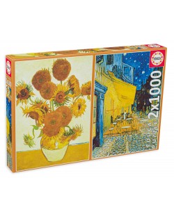Slagalica Educa od 2 x 1000 dijelova - Suncokreti i Terasa za kavu noću, Vincent van Gogh