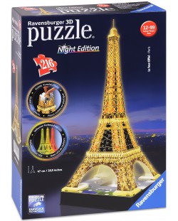 3D puzzle Ravensburger od 216 dijelova - Eiffelov toranj, sa svjetlima