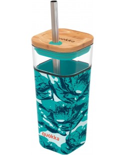 Staklena čaša sa slamkom Quokka Liquid Cube - Water Flowers, 540 ml