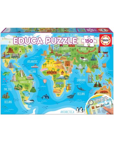 Puzzle Educa od 150 dijelova - Karta svijeta sa znamenitostima - 1