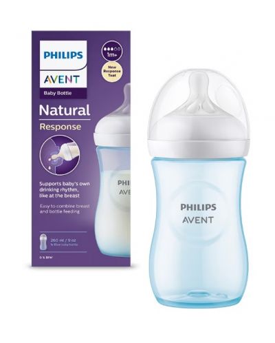 Bočica za bebe Philips Avent - Natural Response 3.0, sa sisačem 1m+, 260 ml, plava - 1