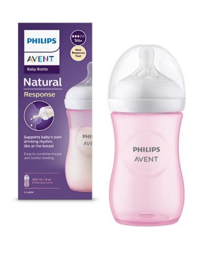 Bočica za bebe Philips Avent - Natural Response 3.0, sa sisačem 1 m+, 260 ml, ružičasta - 1