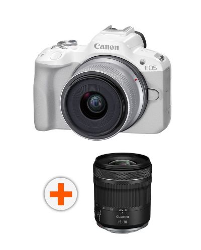 Kamera bez ogledala Canon - EOS R50, RF-S 18-45mm, f/4.5-6.3 IS STM, bijela + Objektiv Canon - RF, 15-30mm, f/4.5-6.3 IS STM - 1