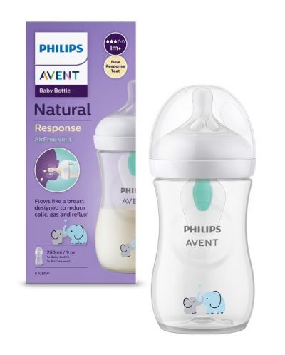 Bočica za bebe Philips Avent - Natural Response 3.0, AirFree, 1m+, 260 ml, Slon - 1
