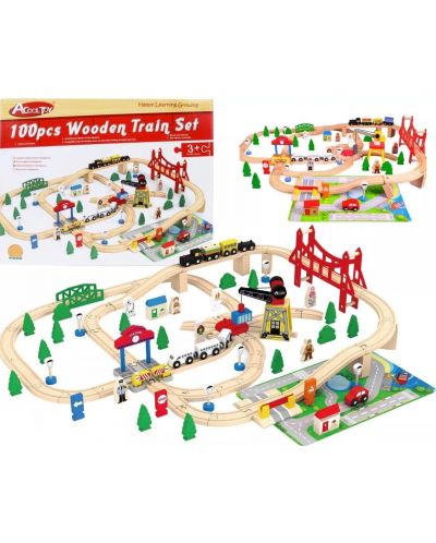 Drveni vlak s tračnicama i raskrižje Acool Toy - 100 elemenata - 1