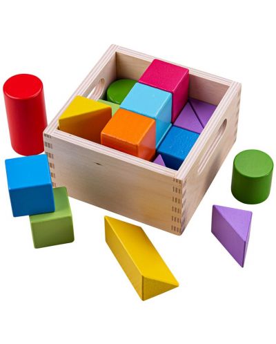 Drveni blokovi Bigjigs – Geometrijske figure u boji, u kutiji - 1