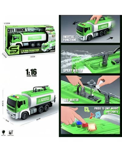 Dječja igračka Raya Toys Truck Car - Vodonoša, 1:16, sa specijalnim efektima, zelena - 2