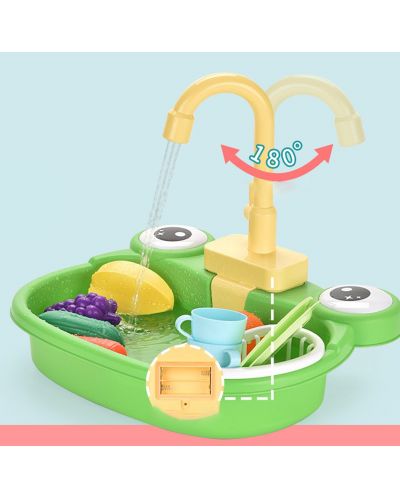 Dječji kuhinjski sudoper Ntoys - S tekućom vodom i priborom, Žaba, asortiman - 2