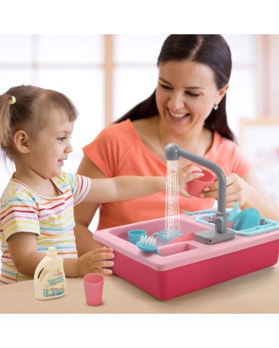 Dječji kuhinjski sudoper Raya Toys - S tekućom vodom i dodacima, ružičasta - 2