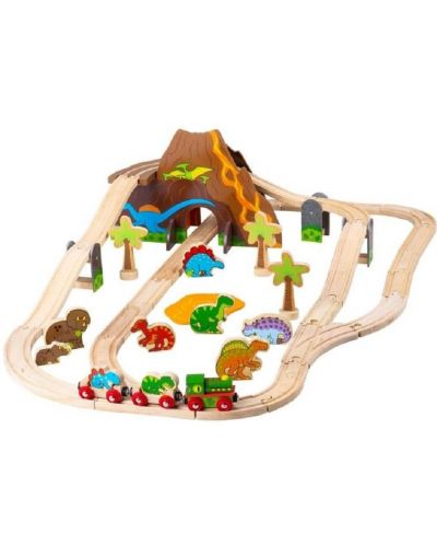 Dječja drvena igračka Bigjigs – Dinosaurski set vlakova - 1