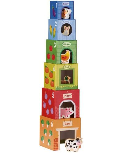 Dječji set Lelin Toys - Kartonske kocke s drvenim životinjama - 2