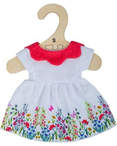 Odjeća za lutke Bigjigs - Bijela haljina s cvijećem i crvenim ovratnikom, 25 cm - 1