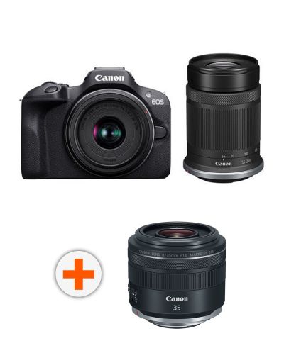 Fotoaparat Canon - EOS R100, RF-S 18-45mm f/4.5-6.3 IS STM, RF-S 55-210mm f/5-7.1 IS STM,Black + Objektiv Canon - RF 35mm f/1.8 IS Macro STM - 1