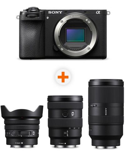 Fotoaparat Sony - Alpha A6700, Black + Objektiv Sony - E PZ, 10-20mm, f/4 G + Objektiv Sony - E, 70-350mm, f/4.5-6.3 G OSS + Objektiv Sony - E, 16-55mm, f/2.8 G - 1