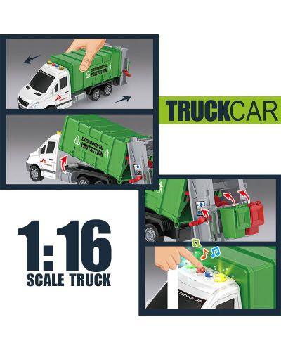 Kamion za odvoz smeća Raya Toys - Truck Car s karticama za razvrstavanje, glazbom i svjetlima, 1:16 - 2