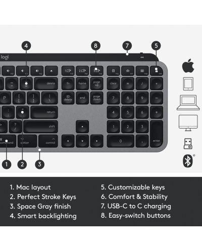 Tipkovnica Logitech - MX Keys For Mac, bežična, Space Grey - 8