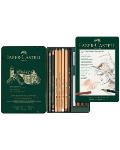 Set olovki Faber-Castell Pitt Monochrome - 12 komada, u metalnoj kutiji - 2