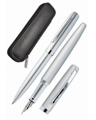 Set nalivpera i kemijske olovke s kožnom futrolom Online Elegance - Silver - 1