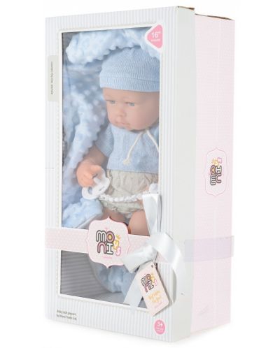 Lutka-beba Moni Toys - S ružičastim pokrivačem i šeširom na pruge, 41 cm - 2