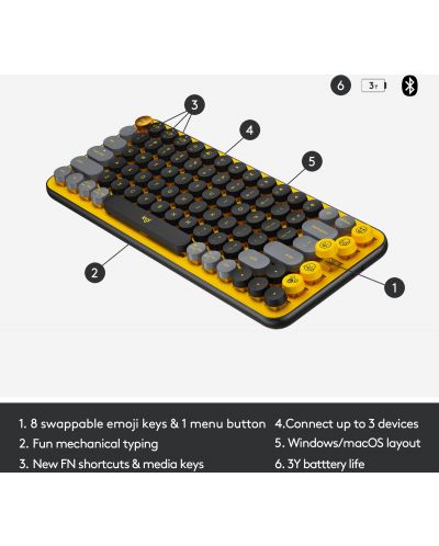 Mehanička tipkovnica Logitech - POP Keys, bežična, žuto/crna - 6