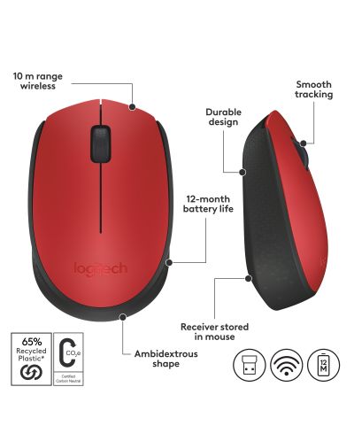 Miš Logitech - M171, optički, bežični, crveni - 8