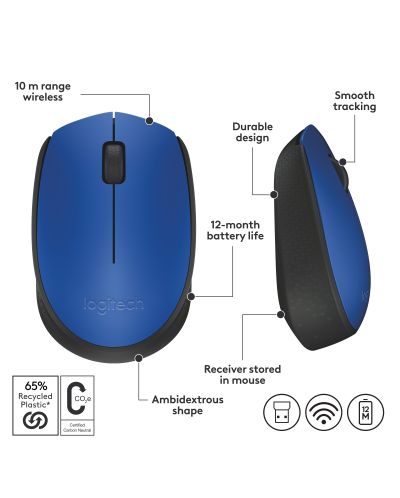 Miš Logitech - M171, optički, bežični, plavi - 8