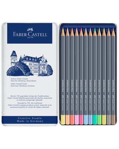 Pastelne olovke Faber-Castell Goldfaber Aqua - 12 boja, u metalnoj kutiji - 2