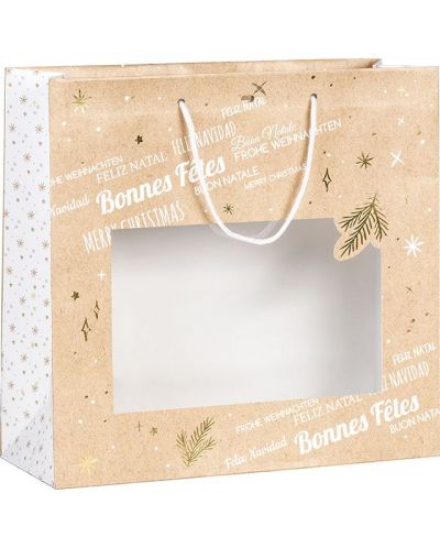 Poklon vrećica Giftpack Bonnes Fêtes - Zlatna, 35 cm, PVC prozor - 1