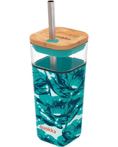 Staklena čaša sa slamkom Quokka Liquid Cube - Water Flowers, 540 ml - 1