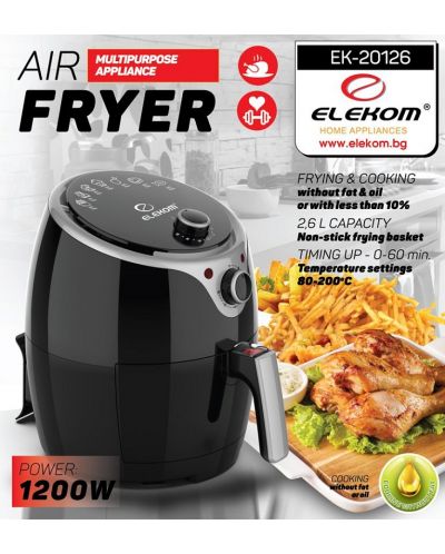 Aparat za zdravu prehranu Elekom - 20126, Air Fryer, 1200 W, 2.6l, crni - 7