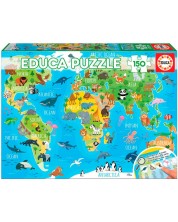 Puzzle Educa od 150 dijelova - Karta svijeta sa životinjama