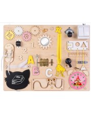 Drvena zabavna Montessori ploča Moni Toys - S ružičastim satom