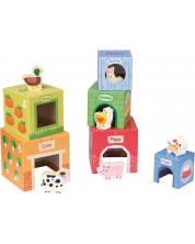 Dječji set Lelin Toys - Kartonske kocke s drvenim životinjama