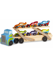 Dječja drvena igračka Melissa & Doug – Nosač automobila, 6 autića