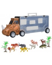 Dječji auto transporter Raya Toys - Nosorog sa životinjama, 11 dijelova