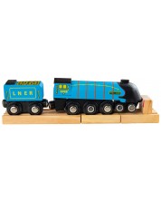 Dječja drvena igračka Bigjigs - Parna lokomotiva, plava -1