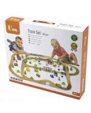 Set za igru Viga - Drveni vlak s tračnicama, 90 dijelova