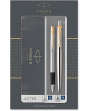 Set nalivpera Parker Jotter Stainless Steel - S kemijskom olovkom, zlatni premaz