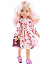 Lutka Paola Reina Amigas - Rosa, s ružičastom kosom, haljinom s cvijećem i torbom, 32 cm