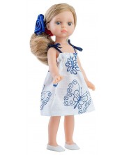 Lutka Paola Reina Mini Amigas - Valeria, u bijeloj haljini s plavim motivima, 21 cm -1