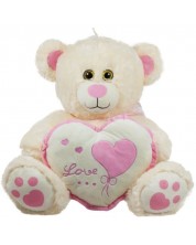 Plišana igračka Amek Toys - Medvjedić ekru sa srcem s ružičastim rubom, 45 cm
