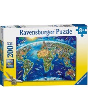 Puzzle Ravensburger od 200 XXL dijelova - Karta svjetskih znamenitosti